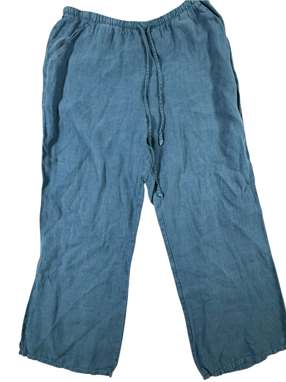 Women's Vintage Linen Wide Leg Drawstring Pants in Teal Blue
